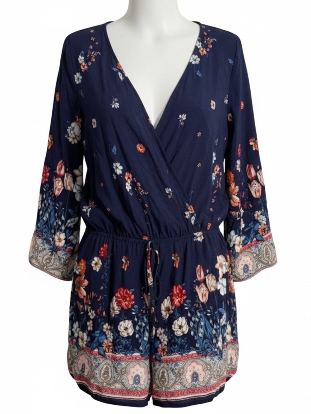 ☀️ Kori America • Navy Floral Wrap Tunic Romper • Women’s Size Small - Picture 2 of 16
